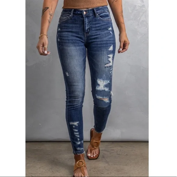 Dark Wash Distressed Skinny Jeans - Picture 3 of 9